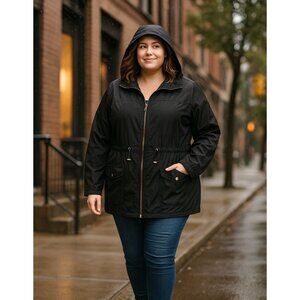 Ava & Viv Hooded Jacket 2X Black Water Resistant Zip Front Plus Size Utility